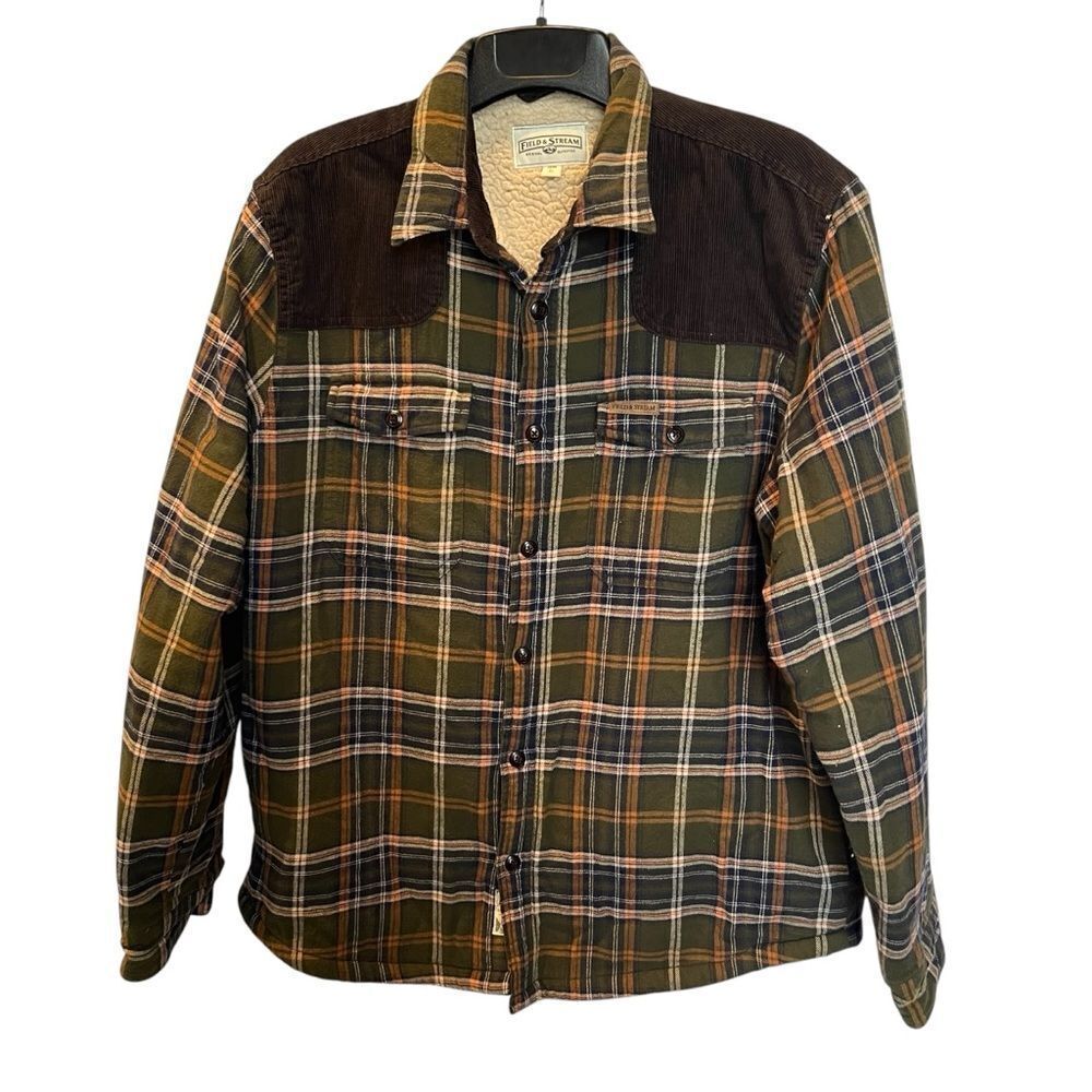 Field & Stream Men's Flannel Jacket Sherpa Lined Full Button Green/Blue Plaid XL